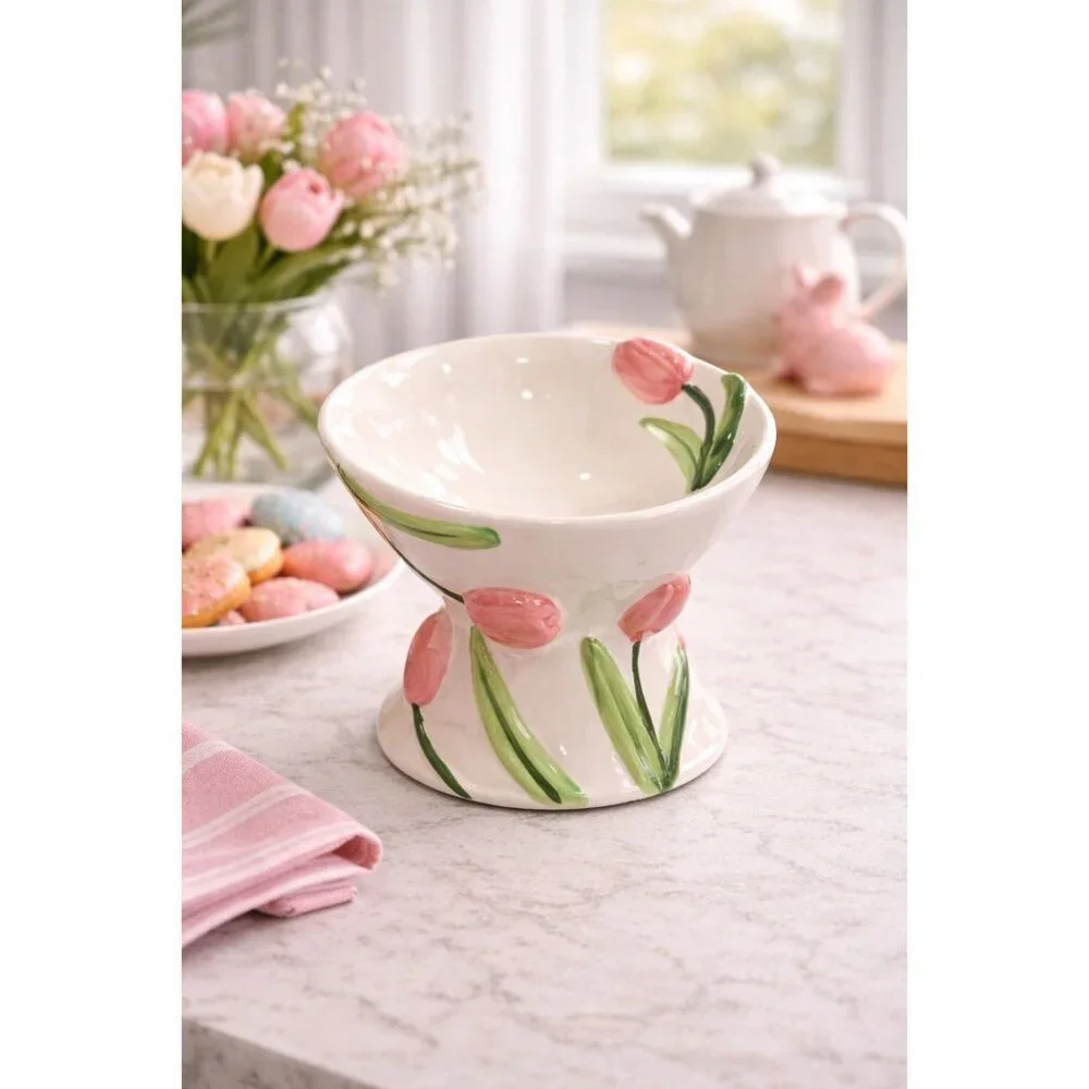 New Pink Tulip Flower Ceramic Raised Tilted Cat Small Dog Pedestal Bowl